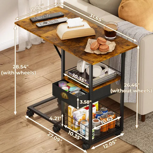 Vista 3 de Mesa de centro rodante con parte superior de madera doble ancha de gran tamaño, bandeja de TV móvil con cajón de almacenamiento y ruedas para sofá