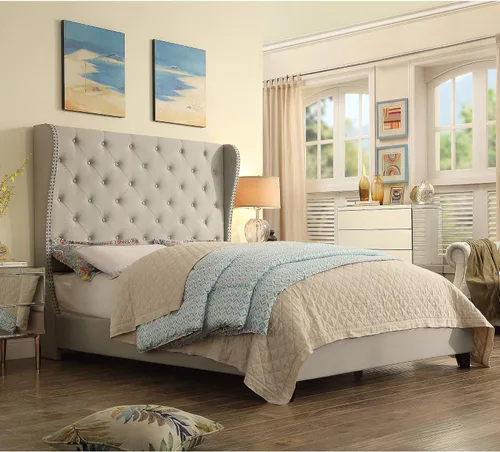 Vista 10 de Rosevera Atherine - Marco de cama tapizado de tela con cabecera ajustable, estilo Chesterfield, cabeza enrollada, soporte de listones de madera