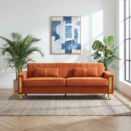 Vista 17 de Juego de sofá de 85 pulgadas, sofá de terciopelo con 2 almohadas y patas doradas, marco resistente de 750 libras, sofá moderno para dormitorio Negro