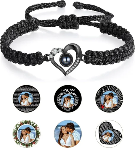 Vista 14 de Pulsera con inicial personalizada con imagen en el interior, cuerda de proyección de fotos personalizada para hombres y mujeres, regalo