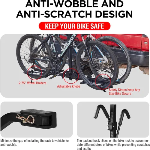 Vista 3 de Rockland - Portabicicletas para 2 bicicletas de neumáticos anchos 2.5", apto para vehículos con enganche receptor 1.25 y 2", soporta 80 libras