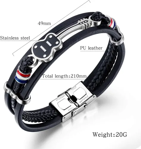 Vista 2 de TEMICO Mens Womens Black Leather Cuff Bracelet Multi-Layer Cowhide Handmade Woven Rope Guitar Wristband