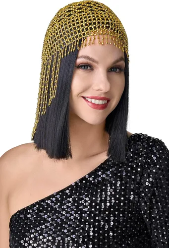 Vista 6 de BABEYOND Banda de los años 20 con cuentas - Diadema flapper y Cleopatra para fiesta temática de Gatsby Plateado