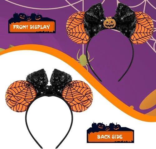 Vista 3 de TIESOME Diadema de orejas de ratón de calabaza de Halloween con lazo de lentejuelas, diadema espeluznante de calabaza, decoración de fiesta