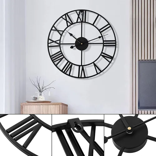 Vista 5 de Reloj de pared de metal industrial europeo grande, números romanos retro, movimiento de cuarzo silencioso para sala de estar, cocina, decoración