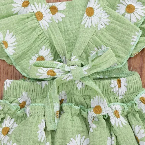 Vista 7 de Bebé Niñas Impresión Margarita Algodón Lino Volantes Sin Mangas Mameluco Mono Mono con Headaband Ropa Infantil Verano