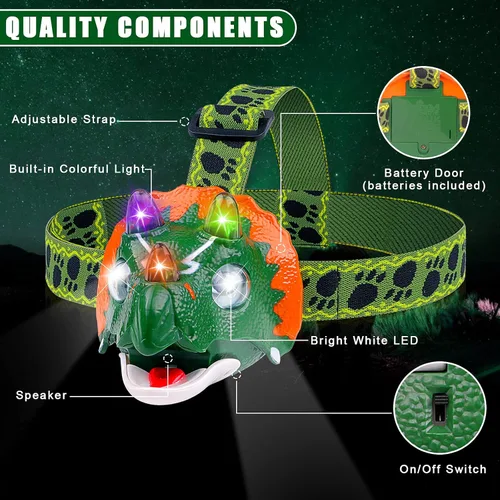 Vista 4 de Triceratops - Linterna frontal LED de dinosaurio para niños, artículos esenciales de equipo de campamento Linterna de cabeza de juguete