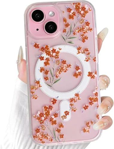 Vista 59 de NITITOP Funda magnética transparente compatible con iPhone 14 Plus/15 Plus, compatible con MagSafe lindas flores, hojas florales para mujeres
