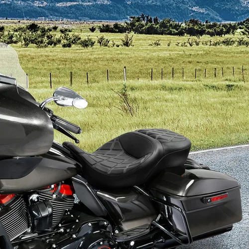 Vista 7 de C.C. RIDER Asiento de Cuero para Conductor y Pasajero - Asiento de Turismo de Gel Fat Diamond 2-Up Compatible con Harley Touring Road King Street