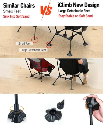 Vista 4 de iClimb Silla de camping ultraligera compacta plegable para playa con pies grandes antihundimiento y soporte de espalda con cuerda