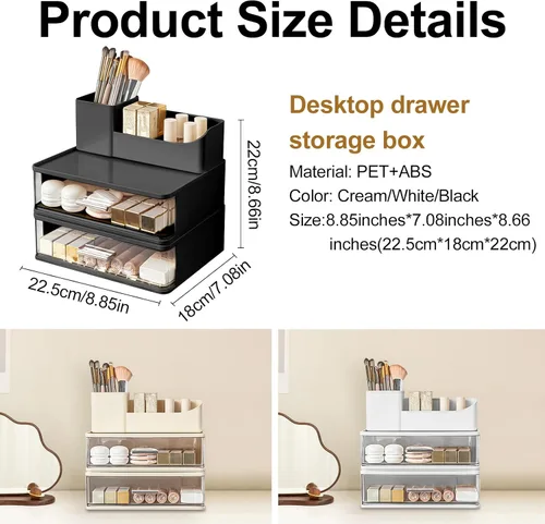 Vista 6 de DASITON Organizador de maquillaje para tocador con 2 cajones, organizador de cosméticos apilable con soporte para brochas de maquillaje, organizador
