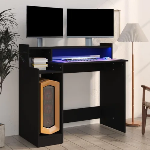 Vista 2 de vidaXL Escritorio, muebles de escritorio de oficina en casa con luces LED, escritorio de computadora de pie, mesa de estudio, estilo moderno, madera
