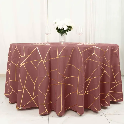 Vista 24 de Efavormart - Mantel redondo de poliéster de 120 pulgadas con patrón geométrico dorado Morado