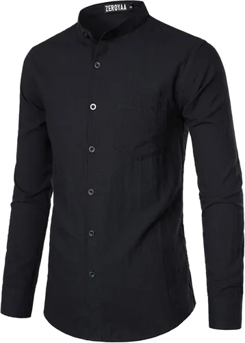 Vista 3 de ZEROYAA Camisas de algodón y lino de manga larga con botones y bolsillo para hombre