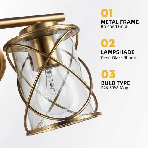 Vista 4 de mavcadonf Luces de Tocador de Baño de 2 Luces, Lámparas de Baño sobre el Espejo, Luz de Tocador Dorado Cepillado, Luces de Pared de Estilo Rústico