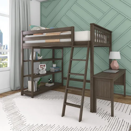Vista 12 de Max & Lily Cama alta de tamaño matrimonial con estantería, arcilla, madera maciza, marco de cama moderno para niños/adolescentes, pino, acabado