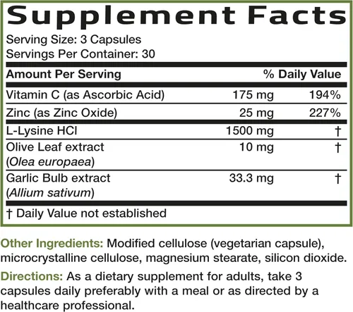 Vista 8 de Bronson Complejo de Apoyo Inmunológico L-Lysine Defense 1500 MG de L-Lisina más Hoja de Olivo, Ajo, Vitamina C y Zinc - Sin OGM, 90 Cápsulas