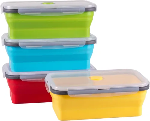 Vista 25 de Recipientes plegables de almacenamiento de alimentos con tapa hermética, 11.8 oz, juego de 4 recipientes pequeños de silicona apilables para la 4