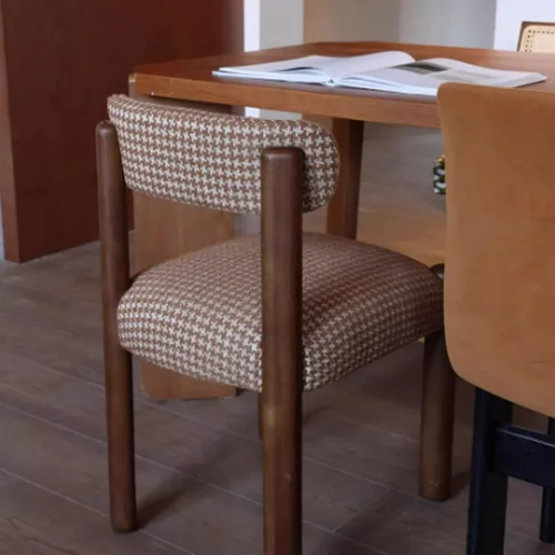 Vista 9 de Silla de cocina tapizada de lino, sillas de comedor retro con patas de madera, silla de asientos acolchados para comedor, dormitorio, sala de estar