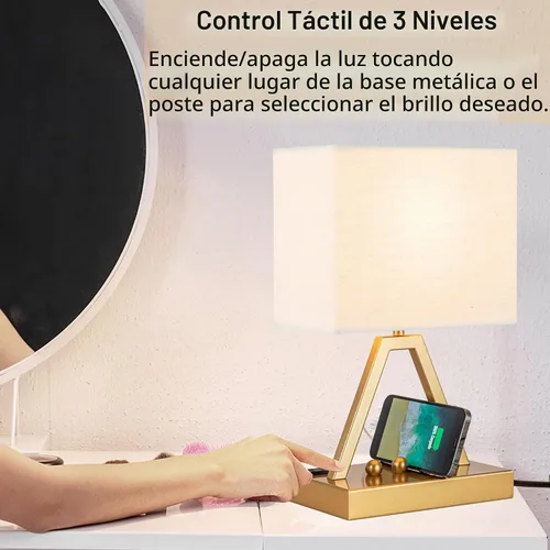 Vista 4 de Briever - Lámpara de mesa con control táctil, lámpara de escritorio regulable de 3 vías con USB C y USB A y tomacorriente AC, lámpara de noche