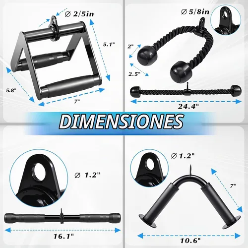 Vista 6 de LAT - Juego de accesorios para máquina de cables 10 en 1, accesorios de cable para gimnasio en casa, incluye cuerda de tríceps, barra en V, barra