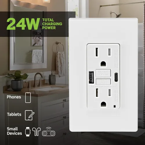 Vista 4 de Leviton SmartlockPro - Combinación GFCI de autocomprobación 15A con USB tipo A y tipo C en pared, cargador USB para teléfonos inteligentes y Blanco