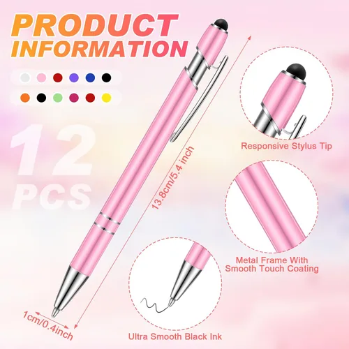 Vista 3 de Tenare 12 piezas 2 en 1 bolígrafo de metal con punta de lápiz capacitivo, bolígrafo de 1,0 mm de tinta negra para pantallas táctiles (color surtido)