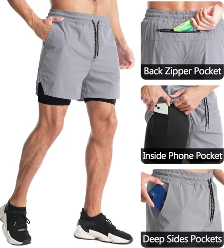 Vista 2 de Aolesy Pantalones cortos de correr 2 en 1 para hombre, pantalones cortos deportivos de entrenamiento para hombre, de secado rápido, ligeros