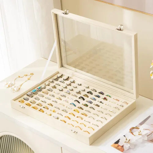 Vista 7 de Frebeauty Bandeja organizadora de anillos de 100 ranuras, caja de Beige