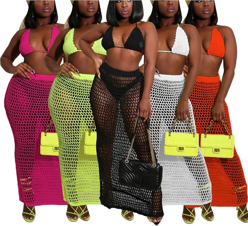 Vista 5 de Bluewolfsea Conjunto sexy de 2 piezas de playa para mujer, conjunto de bikini de malla de ganchillo y falda larga