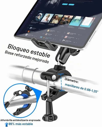 Vista 6 de Soporte para tableta de bicicleta, abrazadera para manillar, brazo de metal antivibración, soporte universal para iPad para cinta de correr