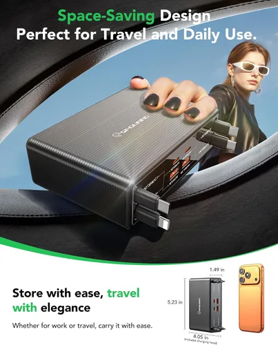 Vista 6 de Cargador retráctil 8 en 1 para múltiples dispositivos, estación de carga de 105 W con cables retráctiles, cargador USB C enchufe de pared GaN Usbc
