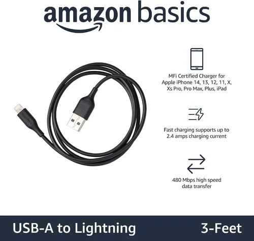 Vista 2 de Amazon Basics Paquete de 2 cables de carga USB-A a Lightning ABS, cargador certificado MFi para Apple iPhone 14, 13, 12, 11 X Xs Pro, Pro Max, Plus