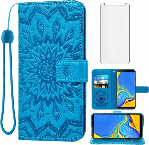 Vista 9 de Funda de teléfono para Samsung Galaxy A7 2018 con protector de pantalla de vidrio templado, funda delgada con tapa para tarjetero, accesorios