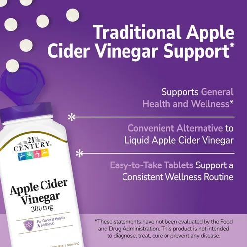 Vista 2 de 21st Century - Tabletas de vinagre de sidra de manzana de 300 mg, metabolismo, 250 unidades Apple Cider Vinegar 300 mg Tablets to Help Support