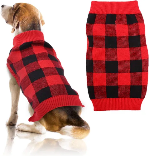 Vista 14 de QBLEEV Suéter navideño clásico a cuadros para perro, suéter elástico cálido con agujero para correa, suéteres de Navidad de cuello alto