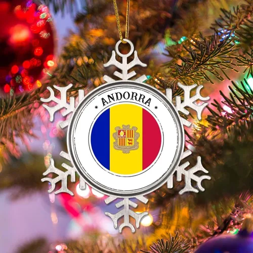 Vista 3 de Adornos de Navidad de Andorra, bandera nacional de Andorra, suministros de fiesta de Navidad, recuerdo de la ciudad, copo de nieve de metal, adorno