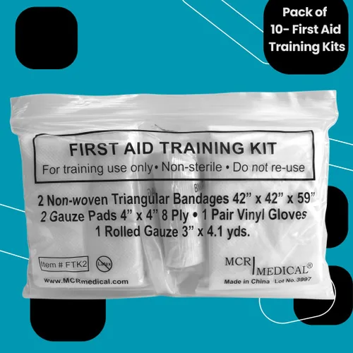 Vista 2 de Kit de entrenamiento de primeros auxilios con rodillo de gasa con almohadillas de gasa y vendajes triangulares y guantes, paquete de 10 MCR Medical