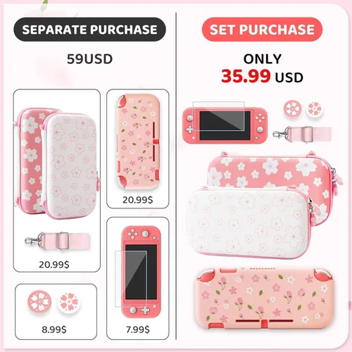 Vista 6 de RHOTALL Pink-White Cherry Blossom Carrying Case for Nintendo Switch Lite, Potable Storage Case for Switch Accessories with Protective Case, Screen