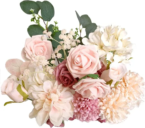 Vista 4 de Flores de seda, ramo de flores artificiales, caja combinada de flores artificiales con tallos para arreglos florales, ramos de boda, fiesta, hogar