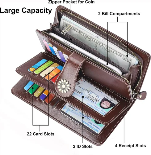 Vista 5 de Lavemi - Cartera de piel con bloqueo RFID para mujer, de gran capacidad, para llevarla a la muñeca