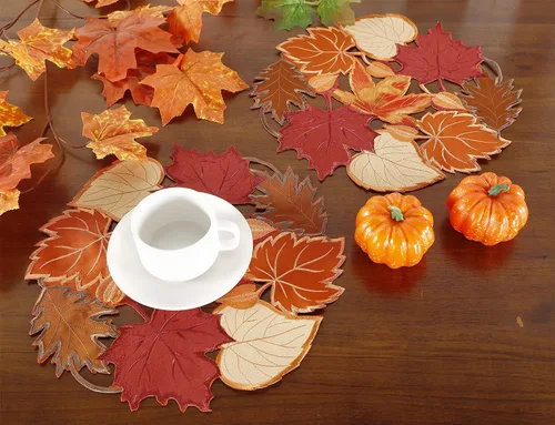 Vista 4 de Juego de 4 manteles individuales de otoño de 14 pulgadas con apliques bordados de hojas de arce bordadas para el hogar, cena, vacaciones, cosecha