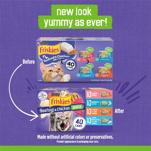 Vista 2 de Purina Friskies Paquete de la variedad de la pesca de la comida del gato enlatado, mariscos y pollo Pate Favoritos - (40) 5.5 oz. Latas