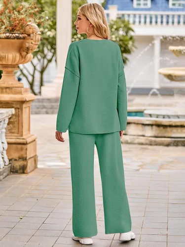 Vista 3 de MEROKEETY Conjunto de 2 piezas para mujer, de manga larga, con botones, suéter y pantalones, conjuntos de descanso