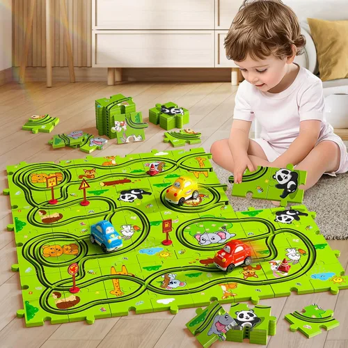 Vista 4 de JUKUDAHU Juego de 64 Piezas de Pista de Carreras de Rompecabezas para Niños de 3 4 5 6 Años - Juguetes de Pistas de Rompecabezas para Niños de 3-5