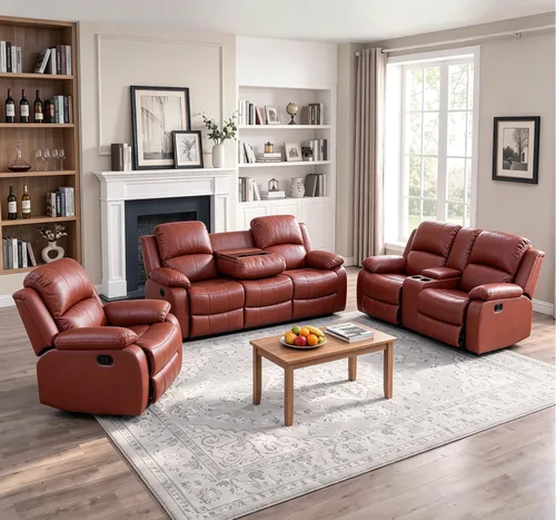 Vista 30 de Silla reclinable de cuero para conjunto de muebles de sala, sofá reclinable de cuero beige para espacios pequeños/RV, sillón individual