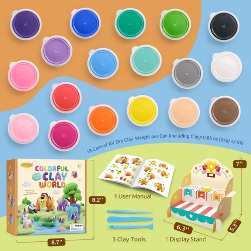 Vista 2 de Drama Planet Kit de arcilla seca al aire para niños, viene con guía de instrucciones con 4 escenas y 26 tutoriales de proyectos, 18 latas de arcilla