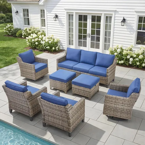 Vista 13 de Belord Sofá de patio exterior acolchado de 3 asientos de lujo de 6 pulgadas Cojín de mimbre marrón/beige de 6 pulgadas