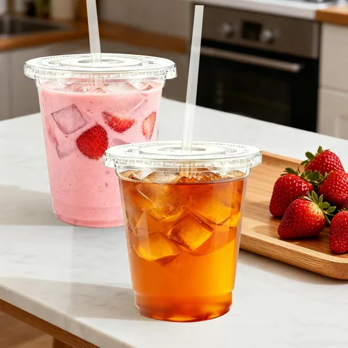 Vista 3 de Lamosi Paquete de 100 vasos de plástico transparente de 12 onzas con tapas y pajitas, tazas desechables para café helado con tapas para bebidas