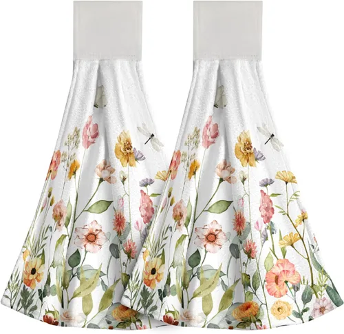 Vista 19 de Poppy Flower Hanging Hand Towels Set of 2,17x12 Inch Watercolor Chinoiserie Yellow Black Floral Soft Absorbent Dish Cloth Tie Towel for Kitchen